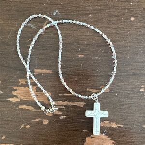 Pale Milky stone Cross Pale Pink Glass Beads Sweet Little Necklace